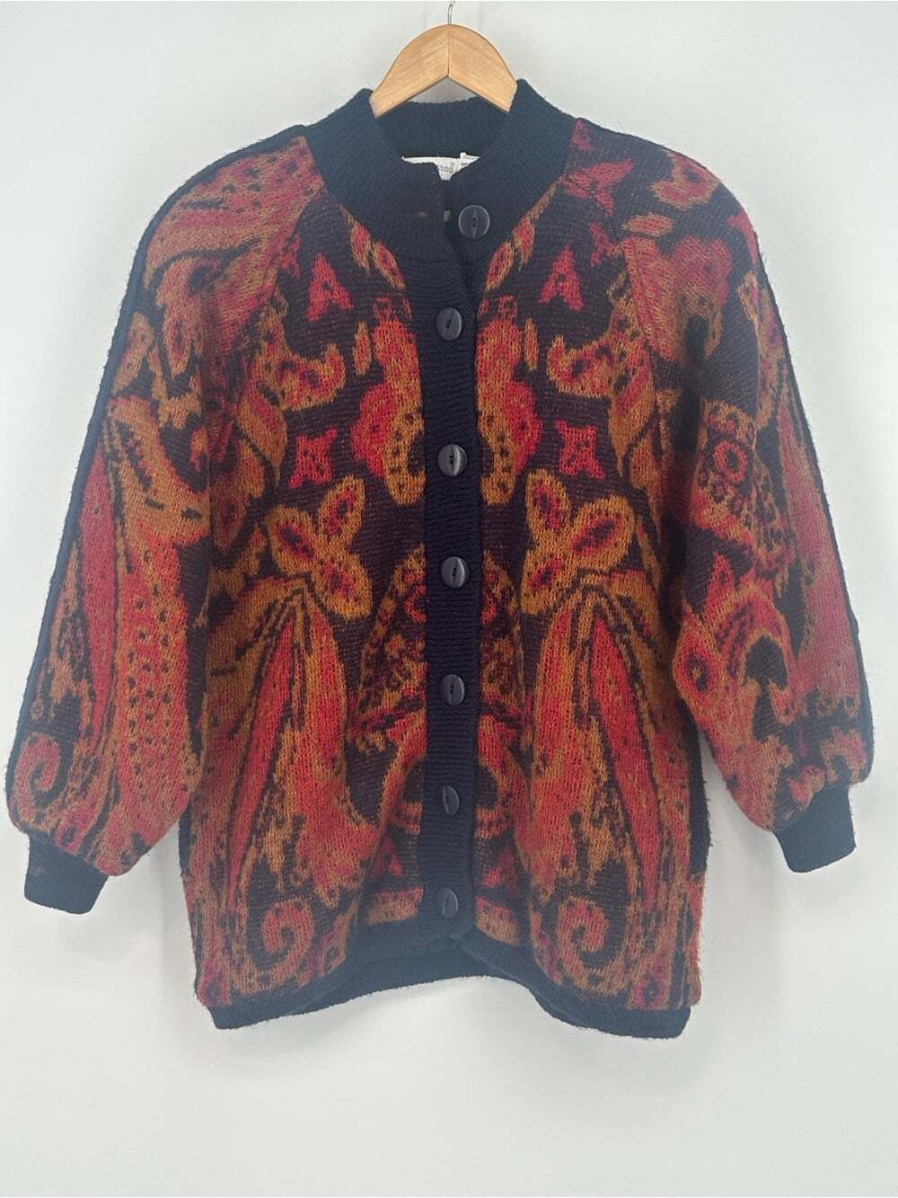Vintage Mohair Button-Front Cardigan - Navy, Red and Gold Floral Pattern